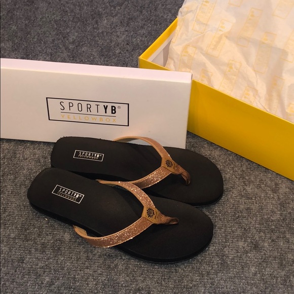 yellow box rose gold flip flops